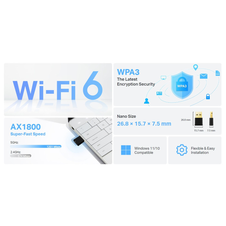 Безжичен USB 2-лентов адаптер TP-Link Archer TX20U Nano AX1800