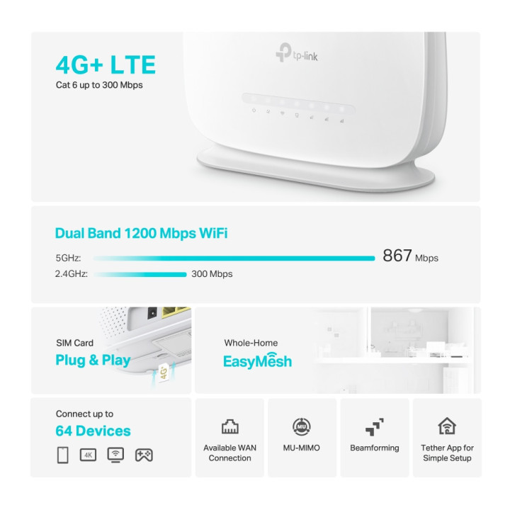 2-лентов безжичен рутер TP-Link Archer MR505 AC1200 4G  Cat6