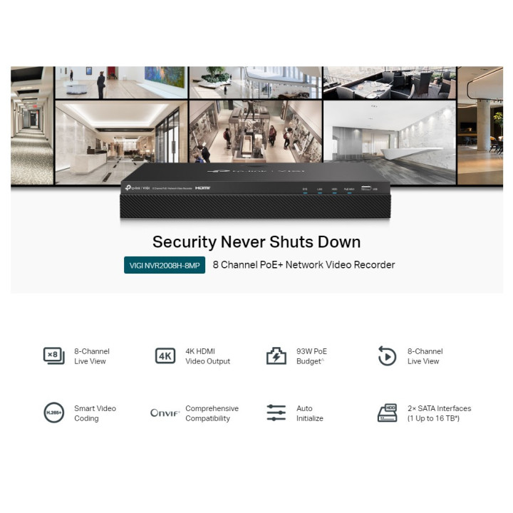 Мрежови видео рекордер TP-Link VIGI NVR2008H-8MP 8-канален PoE 