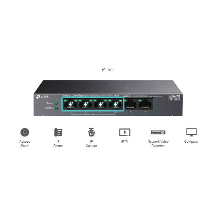 Комутатор TP-Link LS106LP 6-портов 10/100 Mbps с 4-портов PoE 