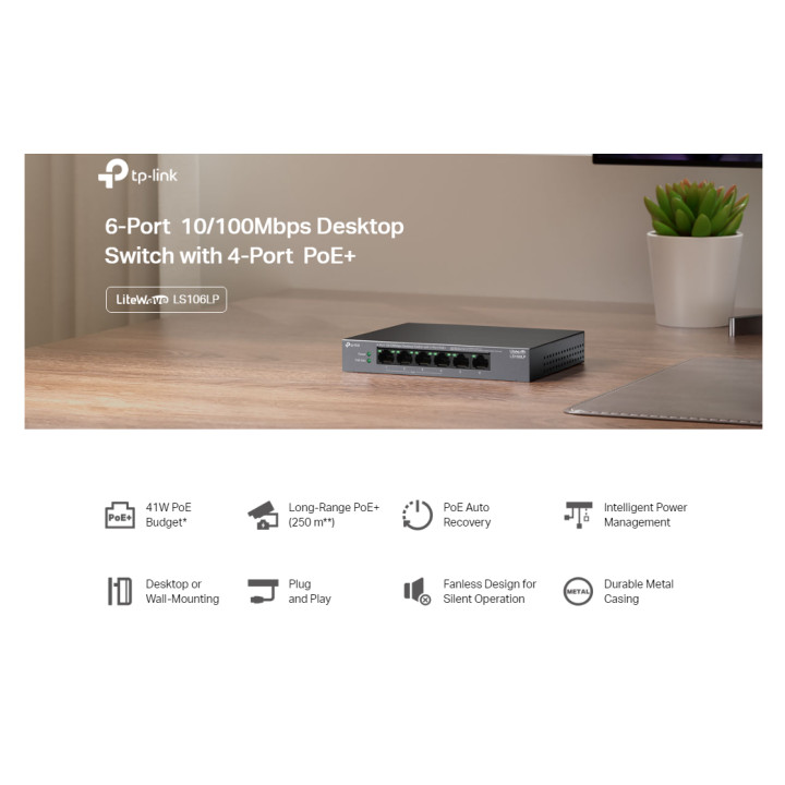 Комутатор TP-Link LS106LP 6-портов 10/100 Mbps с 4-портов PoE 