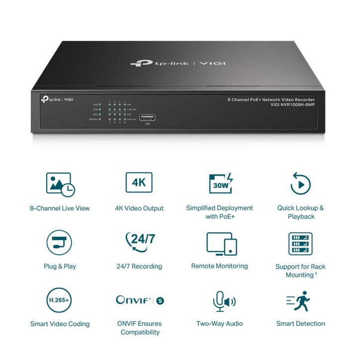 Мрежови видео рекордер TP-Link VIGI NVR1008H-8MP 8-канален PoE 