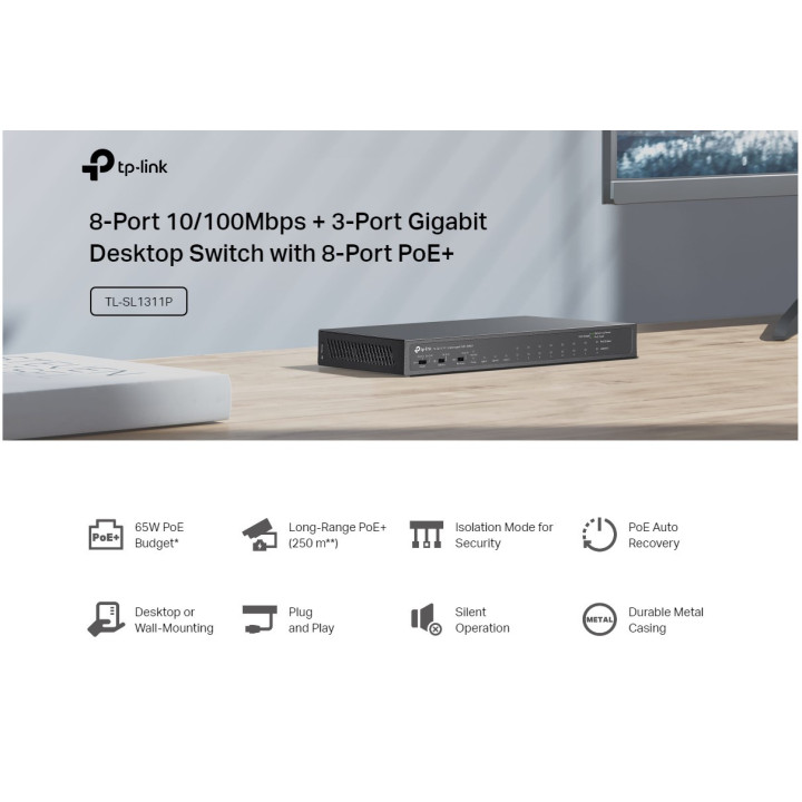 8-портов 10/100Mbps   3-портов гигабитов настолен комутатор с 8-портов PoE  TP-Link TL-SL1311P