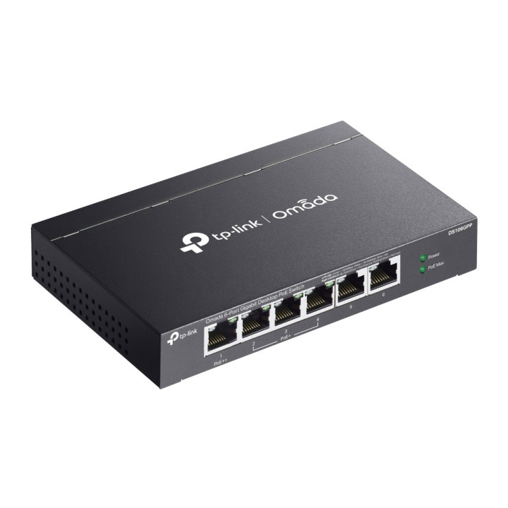 6-портов гигабитов неуправляем комутатор TP-Link Omada DS106GPP с 3-портов PoE  и 1-портов PoE  