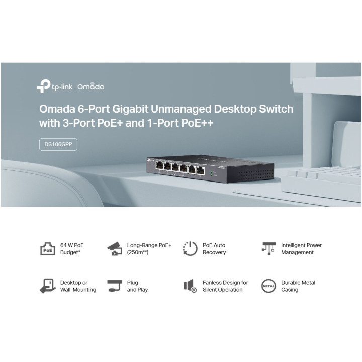 6-портов гигабитов неуправляем комутатор TP-Link Omada DS106GPP с 3-портов PoE  и 1-портов PoE  