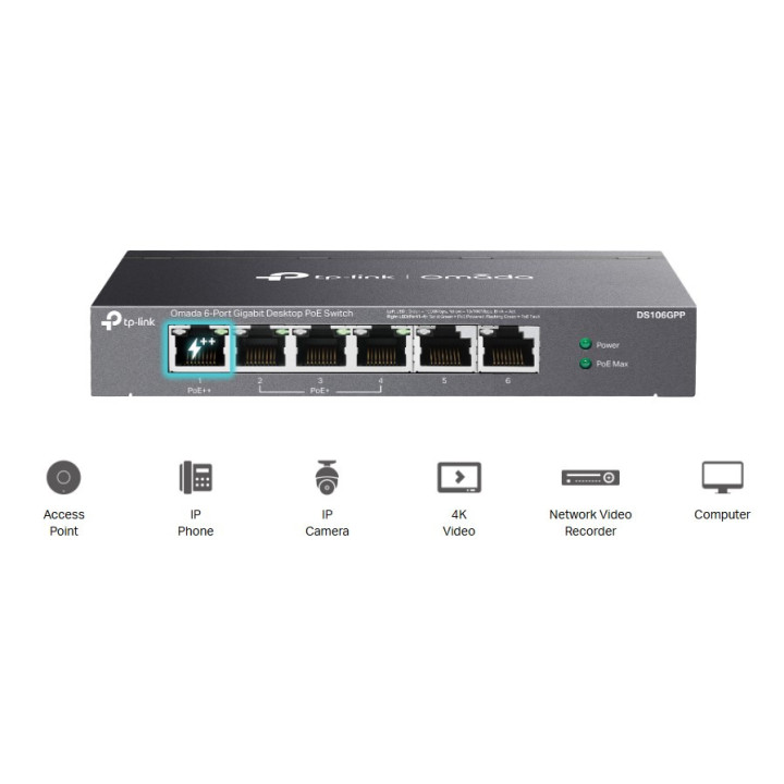 6-портов гигабитов неуправляем комутатор TP-Link Omada DS106GPP с 3-портов PoE  и 1-портов PoE  