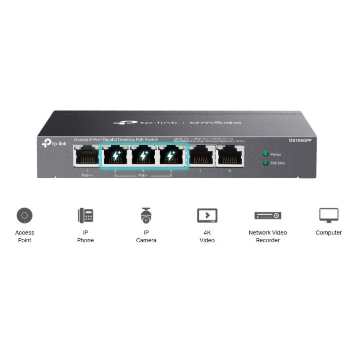 6-портов гигабитов неуправляем комутатор TP-Link Omada DS106GPP с 3-портов PoE  и 1-портов PoE  