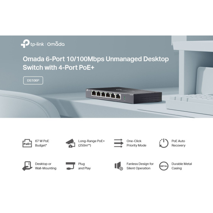 6-портов 10/100Mbps неуправляем комутатор TP-Link Omada DS106P с 4-портов PoE 