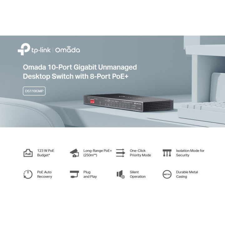 10-портов неуправляем комутатор TP Link Omada DS110GMP с 8-портов PoE 