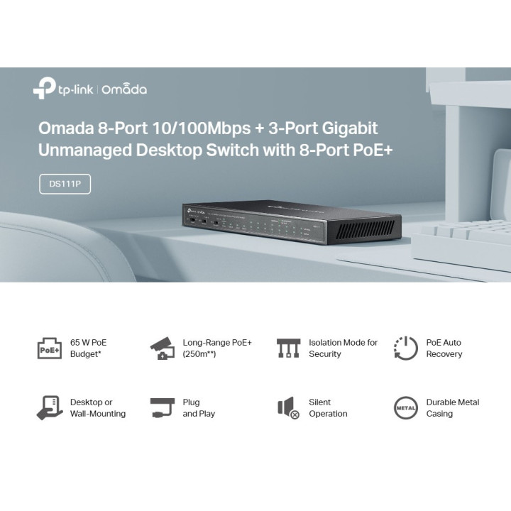 Комутатор неуправляем TP-Link Omada DS111P 8-порта 10/100Mbps   3-порта Gigabit с 8-порта PoE 