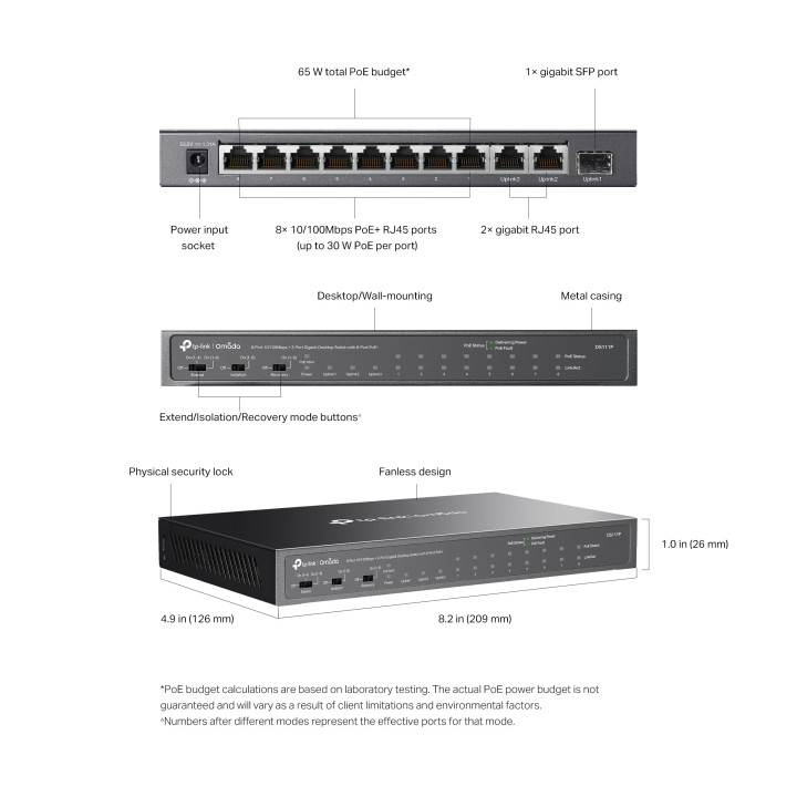Комутатор неуправляем TP-Link Omada DS111P 8-порта 10/100Mbps   3-порта Gigabit с 8-порта PoE 