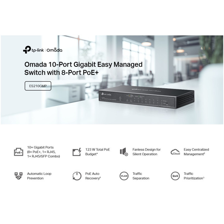 10-портов комутатор TP-Link Omada ES210GMP Gigabit Easy Managed Switch с 8 PoE  порта