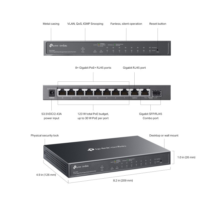 10-портов комутатор TP-Link Omada ES210GMP Gigabit Easy Managed Switch с 8 PoE  порта