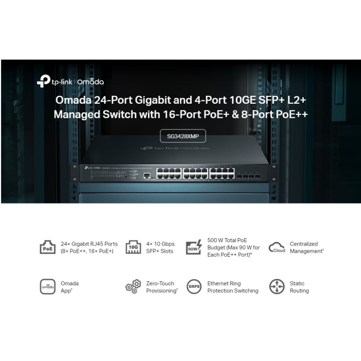 24-портов гигабитов и 4-портов 10GE SFP  L2  управляван комутатор TP Link Omada SG3428XMPP с 16-портов PoE  и 8-портов PoE  