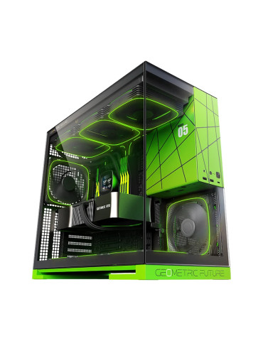 Кутия за компютър Geometric Future Model 5 Black/Green, NVIDIA style limited edition, 5 x 140 mm aRGB fans included, EATX - GEO-M5F-BNV