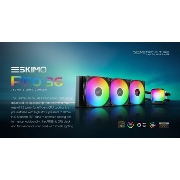Водно охлаждане за процесор Geometric Future Eskimo Pro 360 White, Addressable RGB, LGA1851/AM5 - GEO-ESKIMO-PRO-36W