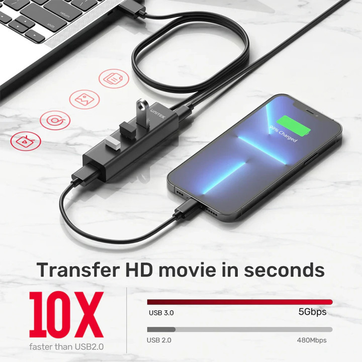 Хъб Unitek USB3.0 HUB 4 port, 1.2m cable, aux USB-C power input - Y-3089V01