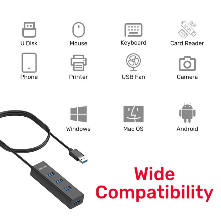 Хъб Unitek USB3.0 HUB 4 port, 1.2m cable, aux USB-C power input - Y-3089V01