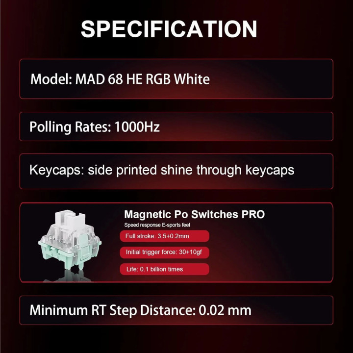 Професионална геймърска механична клавиатура Madlions MAD 68 HE RGB, 1K, Magnetic Amber Pro Switches, White - MAD-68-RGB-WH