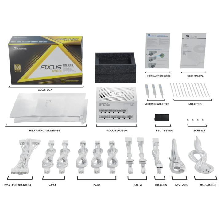 Модулно захранване Seasonic 850W Gold, ATX 3.1, PCIe 5.1 - FOCUS-GX-850-V4-WHITE