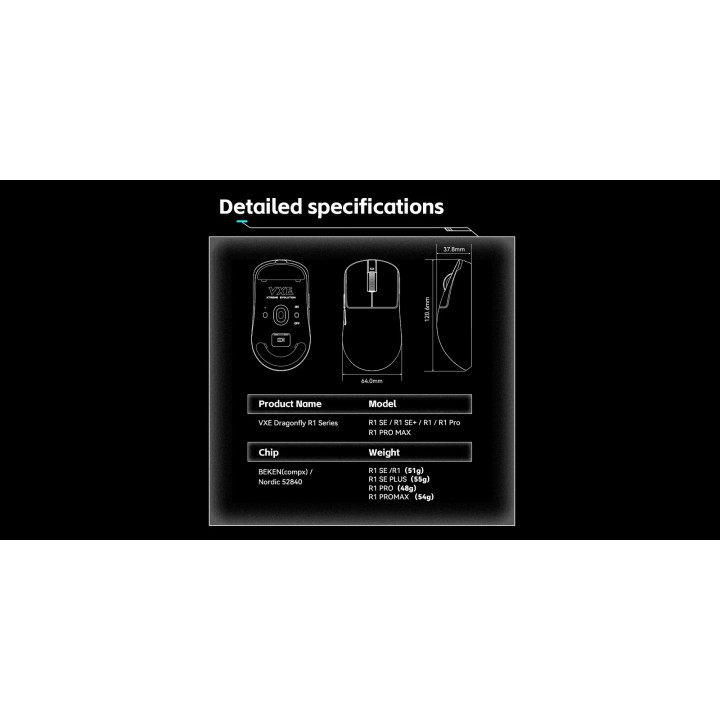 Професионална геймърска мишка VXE Dragonfly R1 Pro Max 1K (4K compatible, Kailh White Blade Switches, White - VXE-R1-PRO-MAX-BK