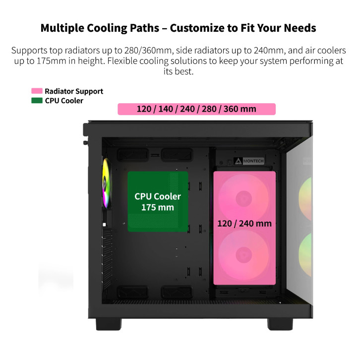 Кутия за компютър Montech KING 65 Pro, Dual Chamber Mid-tower Case, 3 ARGB Fans, Black - MONTECH-KING-65-PRO-B