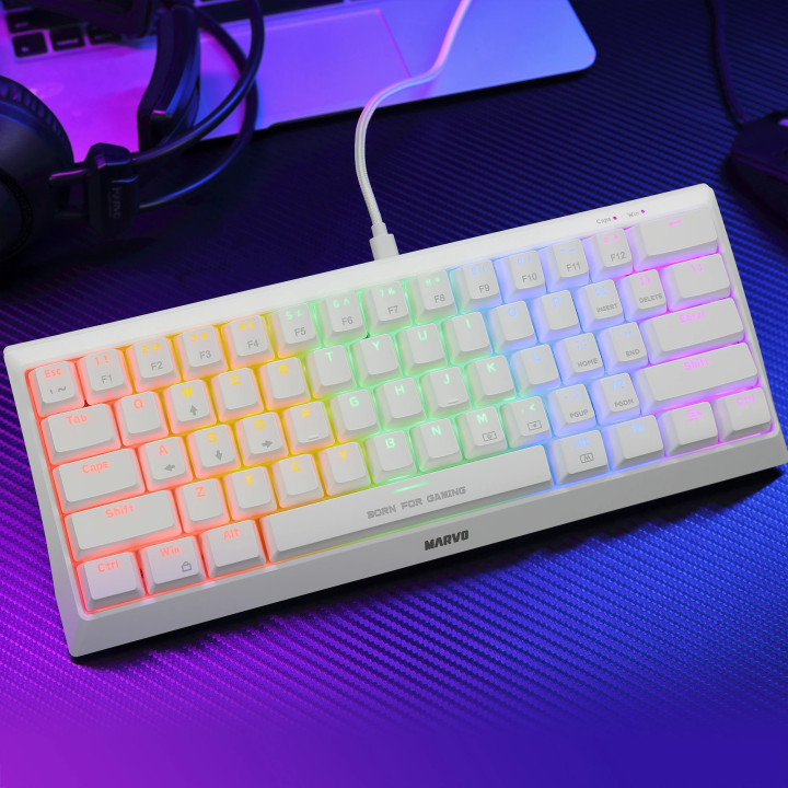 Механична геймърска клавиатура Marvo 61 keys TKL Hecate 61R WH, KG962G White, RED switches, RGB - MARVO-KG962G-WH-R