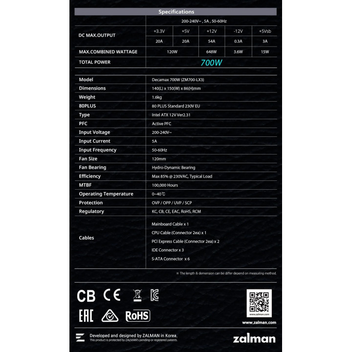 Захранване Zalman DecaMax 700W 80  - ZM700-LX3