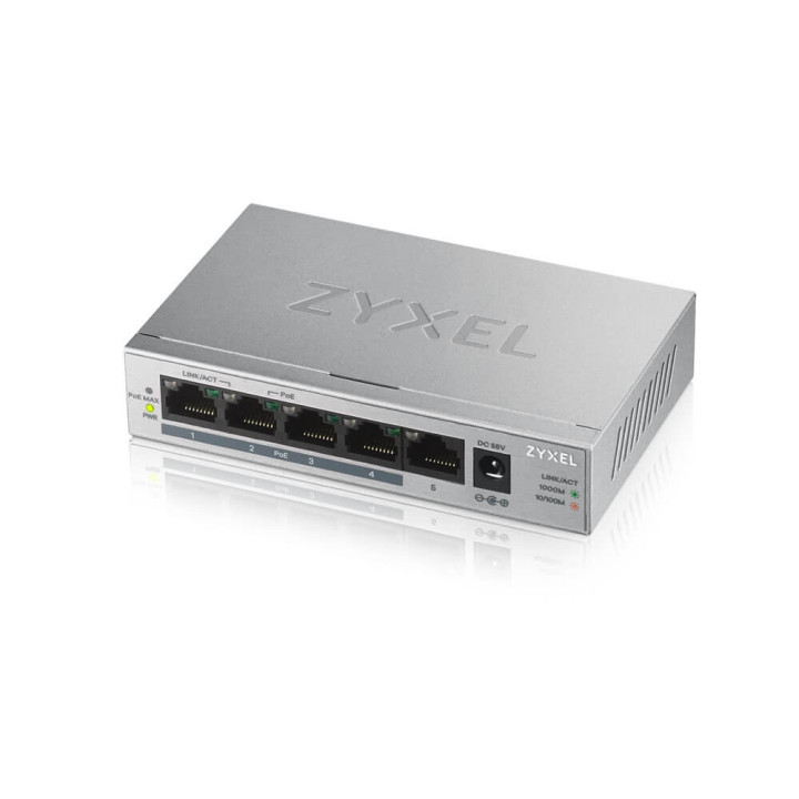 Комутатор ZyXEL GS1005-HP, 5 Port Gigabit PoE  unmanaged desktop Switch, 4 x PoE, 60 Watt - GS1005HP-EU0101F