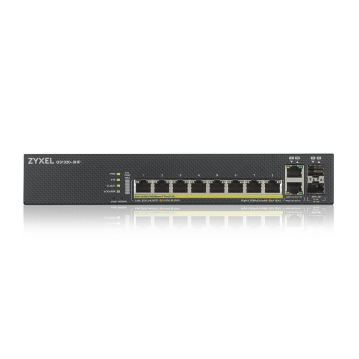 Комутатор ZyXEL GS1920-8HPv2, 10 Port Smart Managed Switch 8x Gigabit Copper and 2x Gigabit dual pers., hybrid mode, standalone or NebulaFlex Cloud, 130 Watt PoE, fanless - GS1920-8HPV2-EU0101F