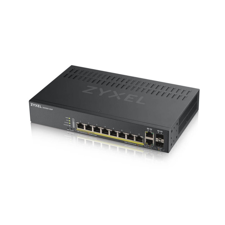 Комутатор ZyXEL GS1920-8HPv2, 10 Port Smart Managed Switch 8x Gigabit Copper and 2x Gigabit dual pers., hybrid mode, standalone or NebulaFlex Cloud, 130 Watt PoE, fanless - GS1920-8HPV2-EU0101F