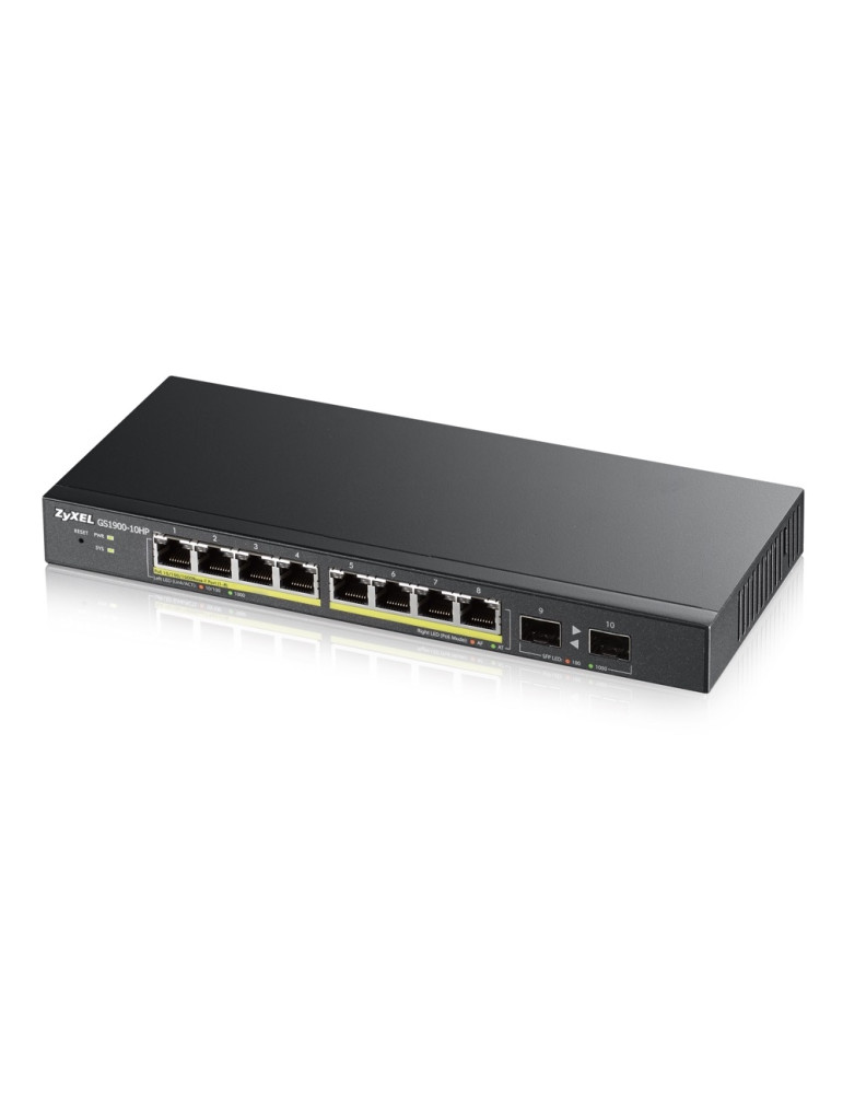 Комутатор ZyXEL GS1900-10HP v2, 8-port GbE L2 PoE Smart Switch   2 SFP slots, 802.3at, desktop, fanless, 70 Watt - GS1900-10HP-EU0102F