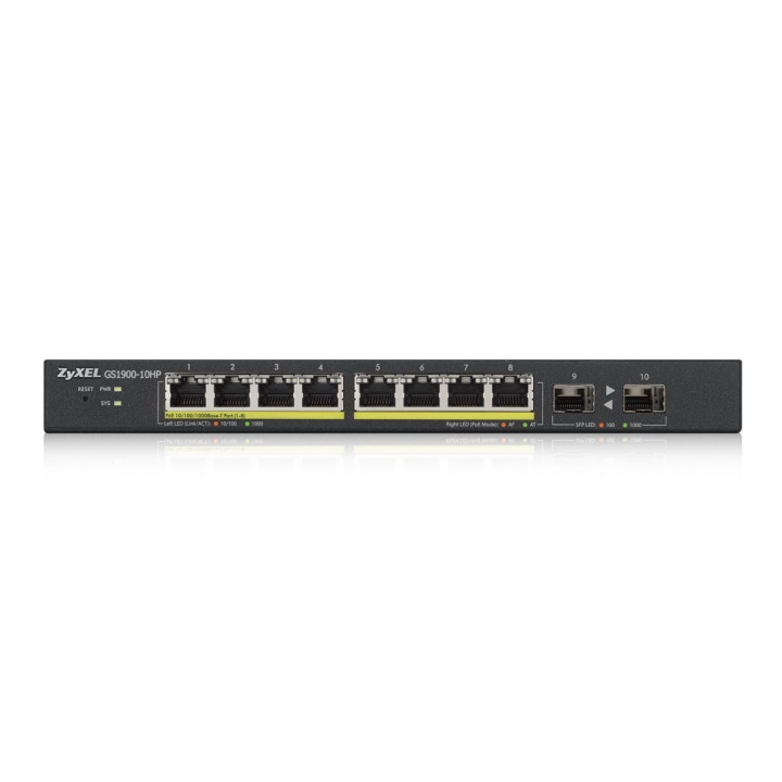 Комутатор ZyXEL GS1900-10HP v2, 8-port GbE L2 PoE Smart Switch   2 SFP slots, 802.3at, desktop, fanless, 70 Watt - GS1900-10HP-EU0102F