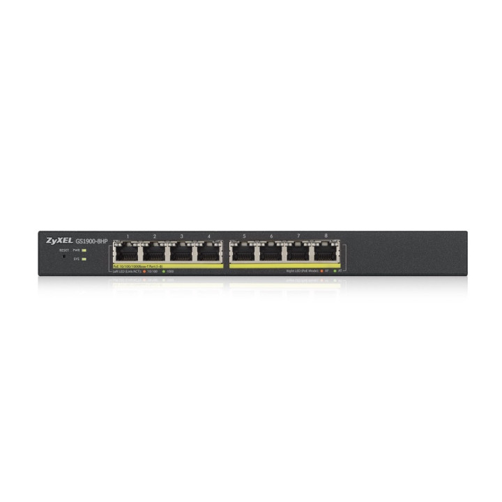 Комутатор ZyXEL GS1900-8HP, 8-port GbE L2 PoE Smart Switch, 802.3at, desktop, fanless, 70 Watt - GS1900-8HP-EU0103F