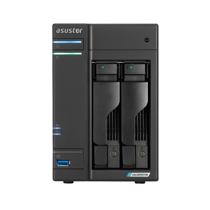 Мрежови сториджи Asustor Lockerstor AS6702T, 2 Bay NAS, Intel Jasper Lake 4C 2.0 GHz, 4GB DDR4 SODIMM, M.2 NVMe x4 slots (Diskless), USB 3.2 Gen 2x2, Dual 2.5GbE Ports, SSD Caching