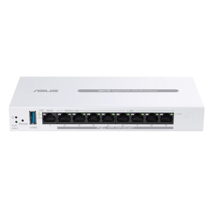 Рутер Asus Business Gigabit PoE  VPN Wired Router, ExpertWiFi EBG19P, 8 PoE  ports, 123W, 1 gigabit WAN 2 gigabit WAN/LAN, USB 3.2, PoE, White - 90IG08C0-MO3B00