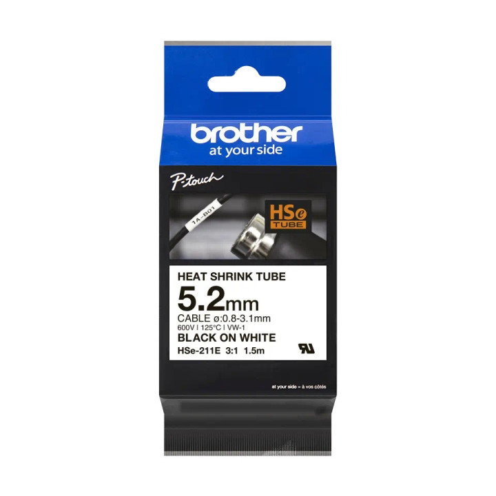 Консумативи за етикетни устройства Brother HSe-211E 5.2mm Black on White Heat Shrink Tape - HSE211E