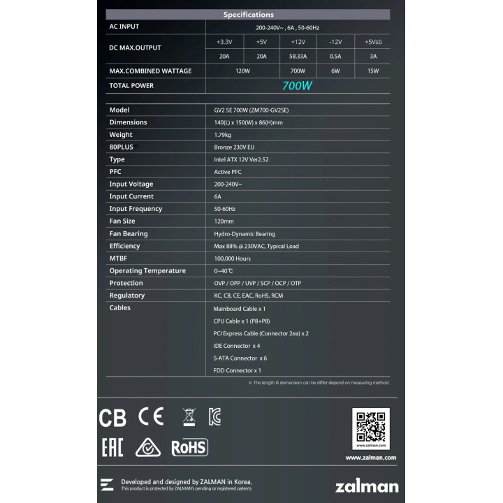 Захранване Zalman 700W Bronze - ZM700-GV2-SE