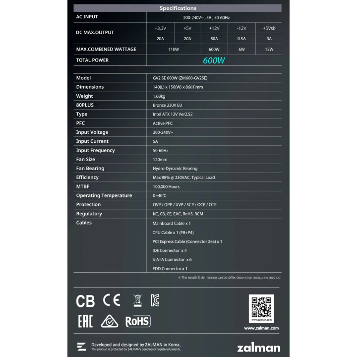 Захранване Zalman 600W Bronze - ZM600-GV2-SE