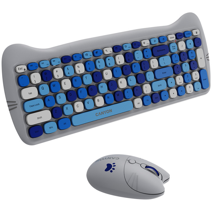 Безжичен комплект клавиатура и мишка Canyon HSET-W6, Kitty Edition, AAA АА, Blue - CNS-HSETW6BL