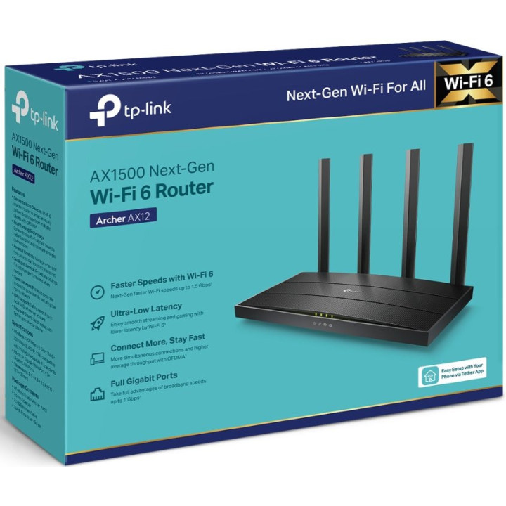 Безжичен рутер TP-Link ARCHER AX12 AX1500 Dual-Band Wi-Fi 6, RouterSPEED: 300 Mbps at 2.4 GHz   1201Mbps at 5 GHz