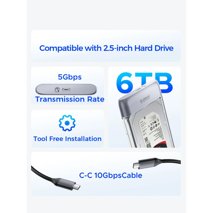 Външна кутия за диск Orico Storage Case, 2.5" 5Gbps USB-C Transparent - TX25C3-GY-BP