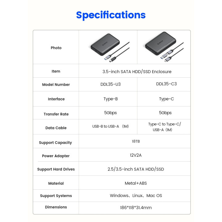 Външна кутия за диск Orico Storage Case, 3.5" USB-C black - DDL35-C3-EU-BK - DDL35-C3-EU-BK-BP