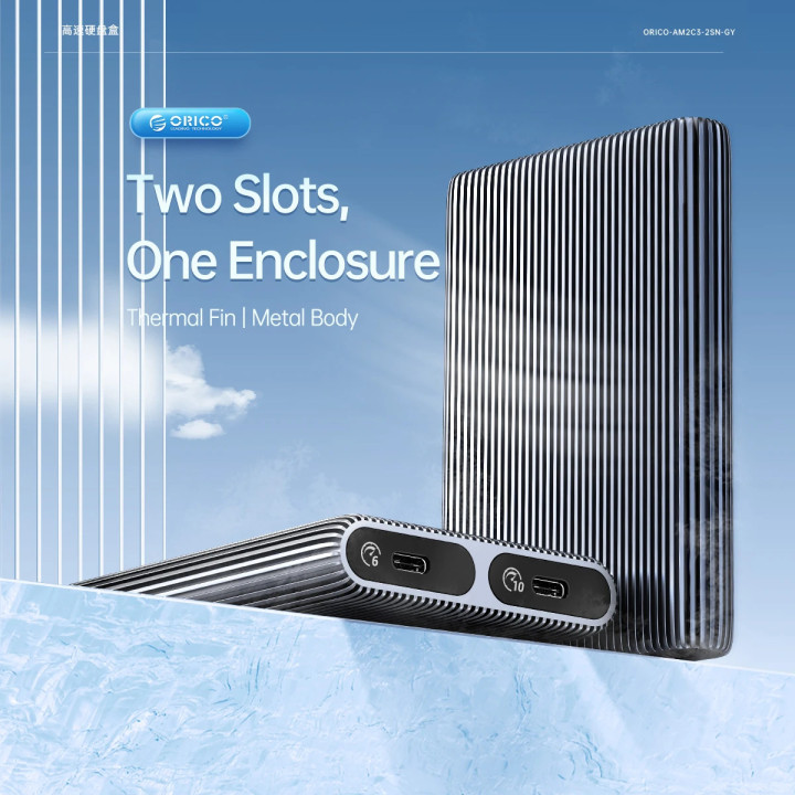 Външна кутия за диск Orico Storage Case, M.2 NVMe Dual-Bay - USB-C 10Gbps, Aluminium - AM2C3-2N-GY - AM2C3-2N-GY-BP