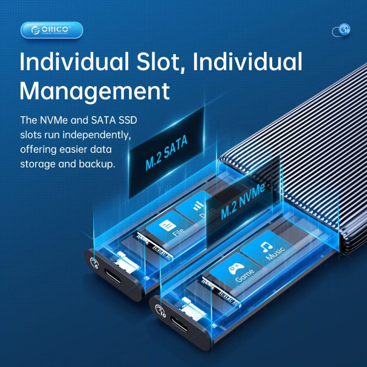 Външна кутия за диск Orico Storage Case, M.2 NVMe Dual-Bay - USB-C 10Gbps, Aluminium - AM2C3-2N-GY - AM2C3-2N-GY-BP