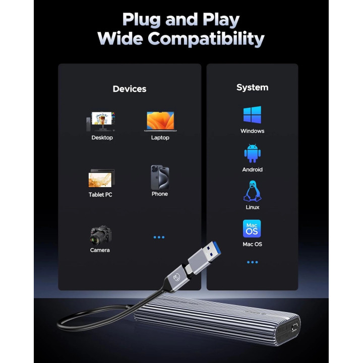 Външна кутия за диск Orico Storage Case, M.2 NVMe M key - USB-C/A, 40Gbps, Built-in Air Cooling, Aluminium - ACOM2-U4-GY - ACOM2-U4-GY-BP