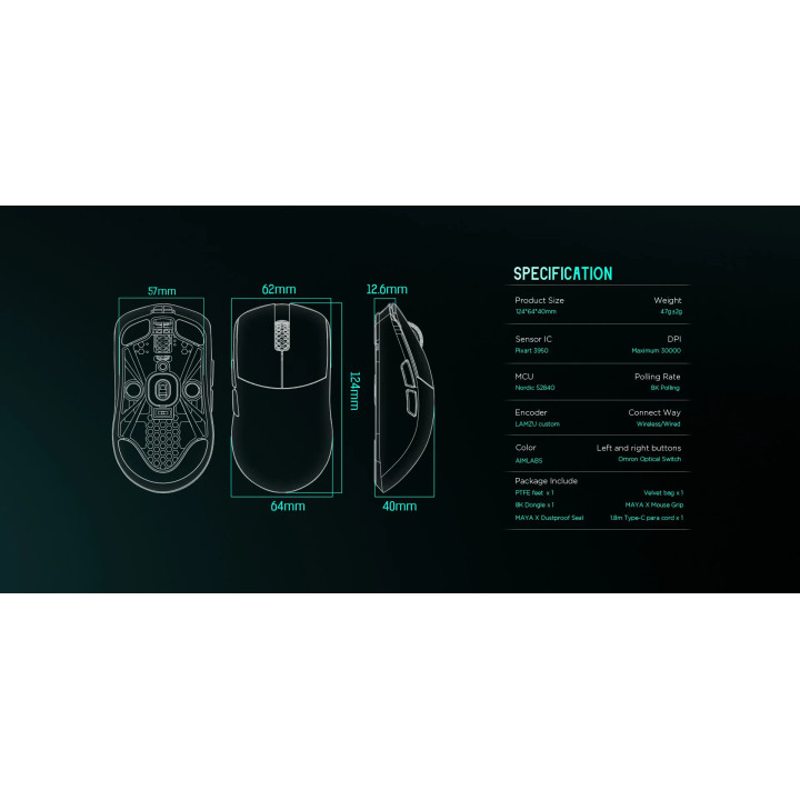 Професионална геймърска мишка Lamzu MAYA X 8K - Wireless Gaming Mouse - Aimlabs Edition - LAMZU-MAYA-X-AIMLABS
