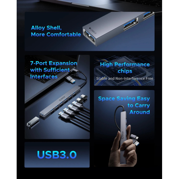 Хъб Orico HUB USB-C 5 port - USB3.0 x 1, USB2.0 x 2, USB-C x 2, Aluminium - YSA4-U2-GY
