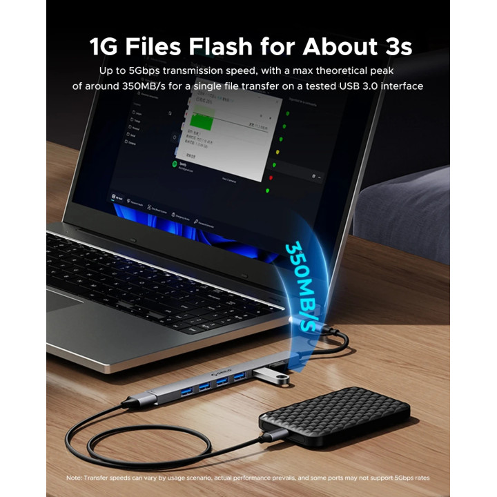 Хъб Orico HUB USB-C 5 port - USB3.0 x 1, USB2.0 x 2, USB-C x 2, Aluminium - YSA4-U2-GY