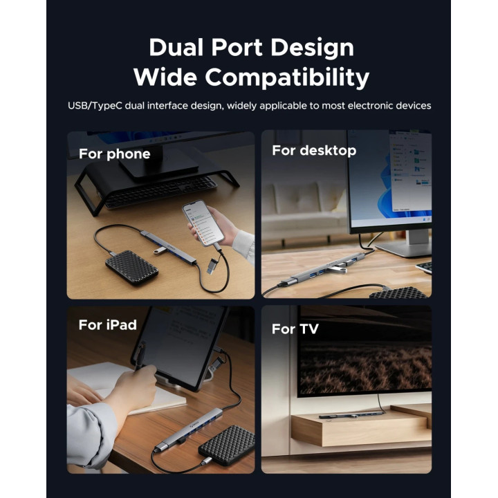 Хъб Orico HUB USB-C 5 port - USB3.0 x 1, USB2.0 x 2, USB-C x 2, Aluminium - YSA4-U2-GY